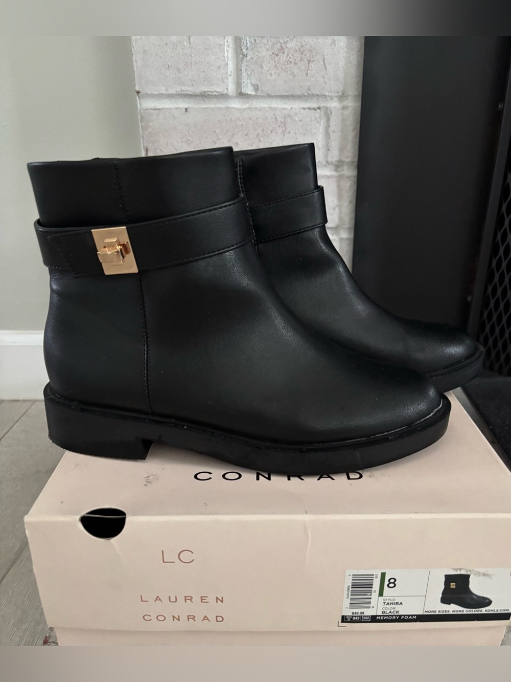 LC Lauren Conrad Black Ankle Booties with Gold-Tone Accent